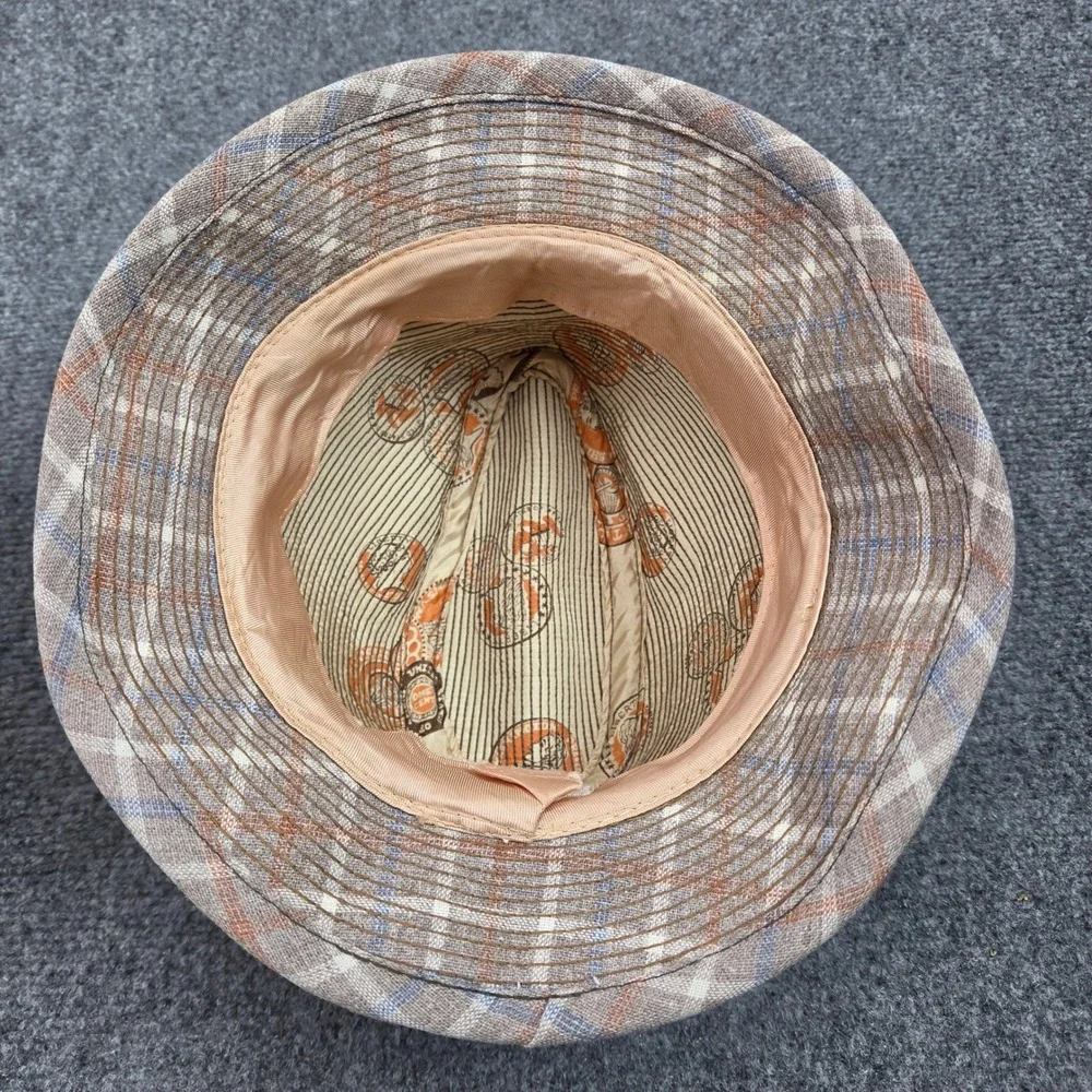 Vintage Cloche Bucket Hat Size 7 Tan Plaid Classic Cottagecore Old Money Grandma